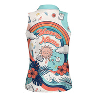Personalized Hawaii Back To School Women Sleeveless Polo Shirt Retro Rainbow Sun with Tropical Hibiscus Flowers TS04 - Polynesian Pride