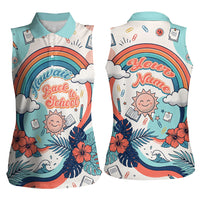 Personalized Hawaii Back To School Women Sleeveless Polo Shirt Retro Rainbow Sun with Tropical Hibiscus Flowers TS04 - Polynesian Pride