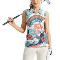 Personalized Hawaii Back To School Women Sleeveless Polo Shirt Retro Rainbow Sun with Tropical Hibiscus Flowers TS04 - Polynesian Pride