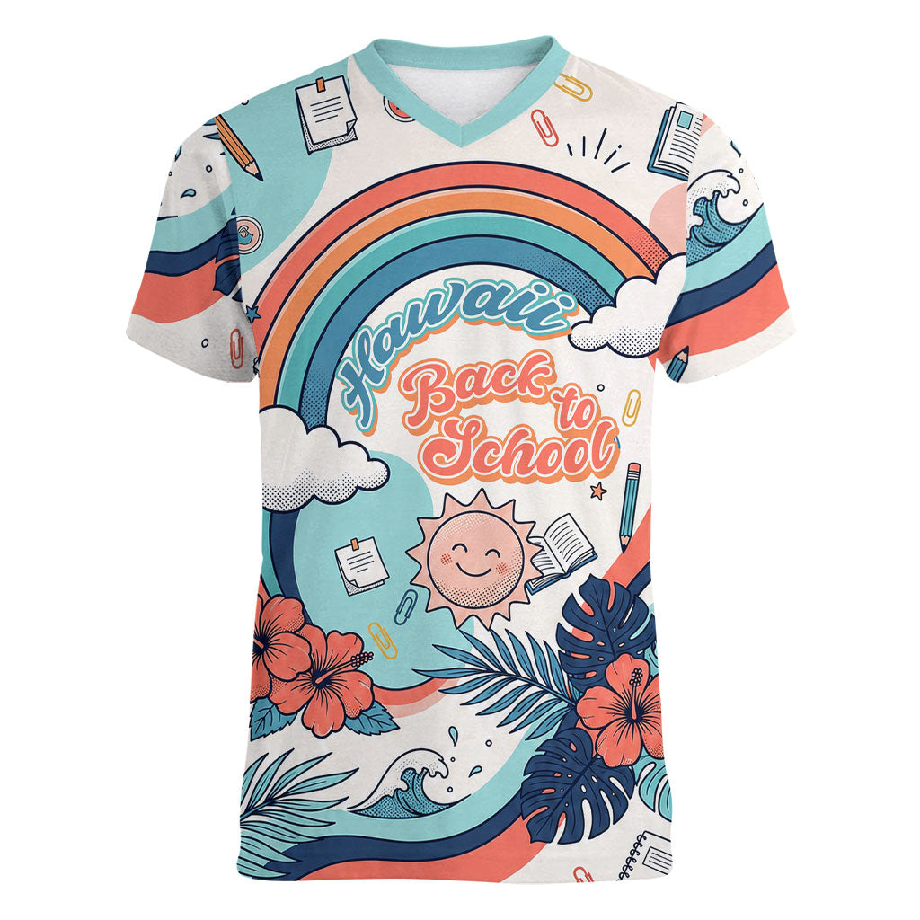 Personalized Hawaii Back To School Women V-Neck T-Shirt Retro Rainbow Sun with Tropical Hibiscus Flowers TS04 Female White Blue - Polynesian Pride