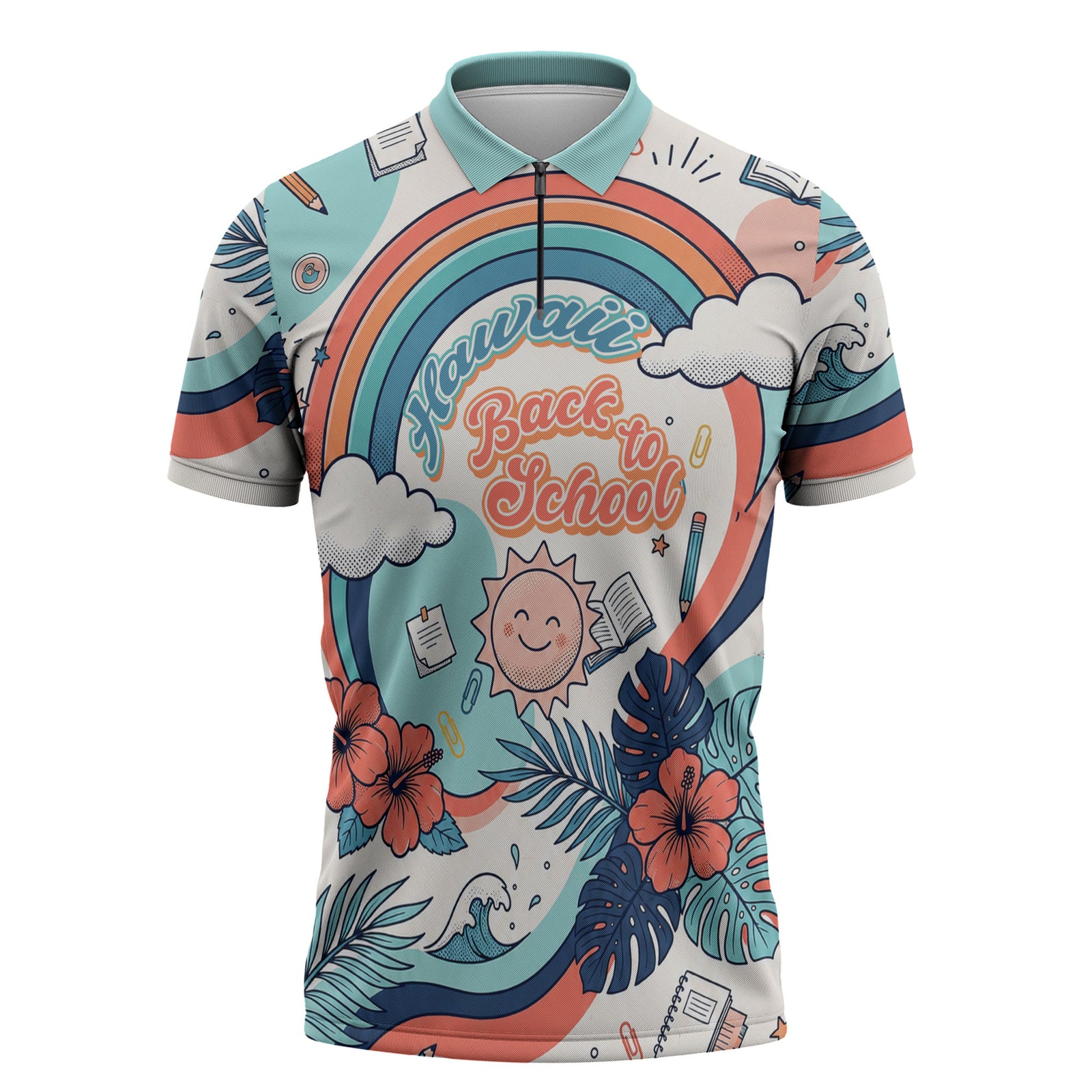 Personalized Hawaii Back To School Zipper Polo Shirt Retro Rainbow Sun with Tropical Hibiscus Flowers TS04 White Blue - Polynesian Pride