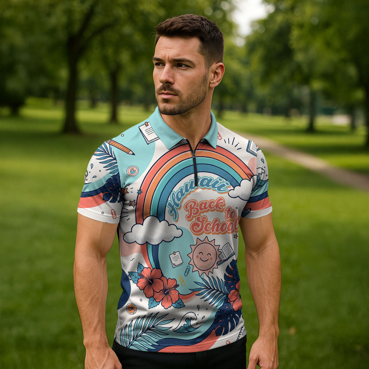 Personalized Hawaii Back To School Zipper Polo Shirt Retro Rainbow Sun with Tropical Hibiscus Flowers TS04 - Polynesian Pride