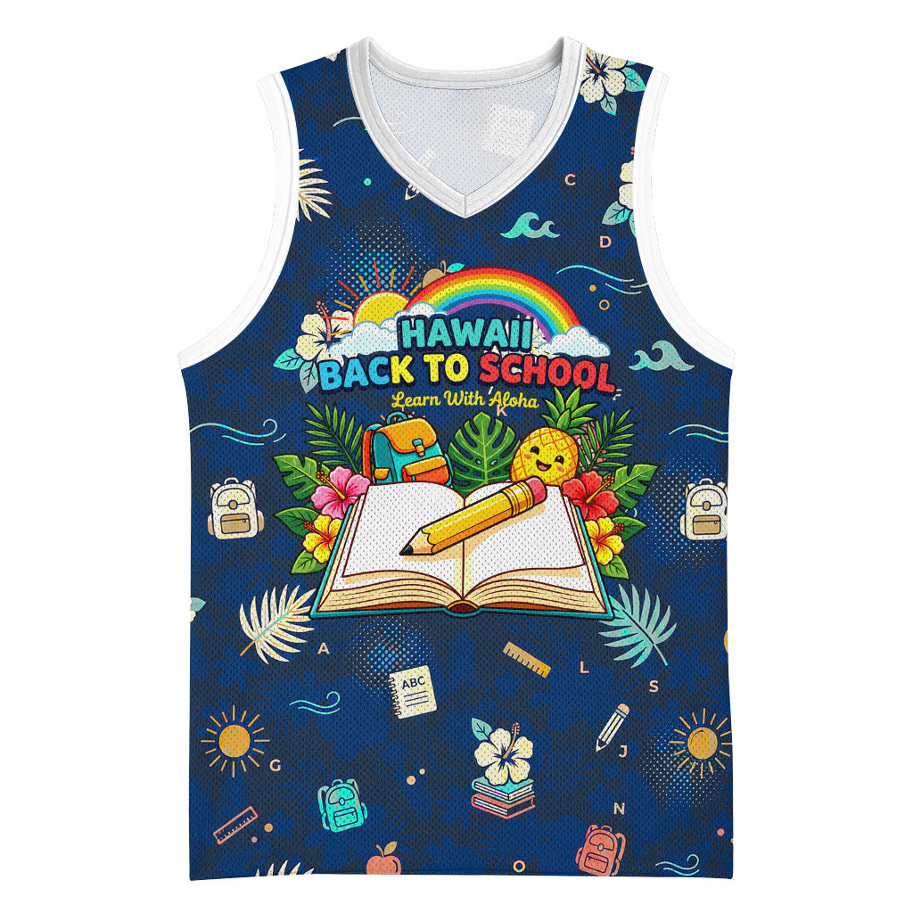 Personalized Hawaii Back To School Aloha Learning Basketball Jersey Retro Rainbow open Notebook with Pineapple and Hibiscus Flowers TS04 Unisex Blue - Polynesian Pride