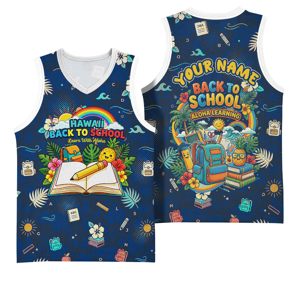 Personalized Hawaii Back To School Aloha Learning Basketball Jersey Retro Rainbow open Notebook with Pineapple and Hibiscus Flowers TS04 - Polynesian Pride