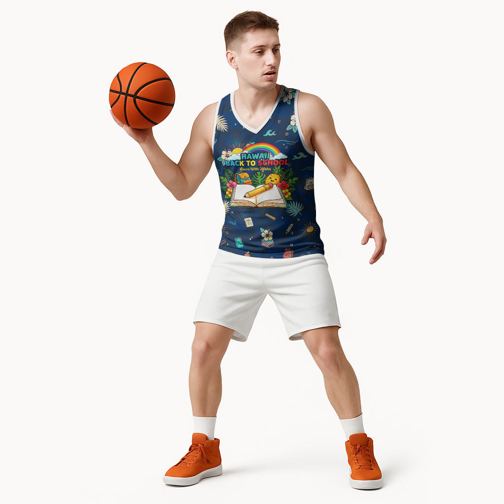 Personalized Hawaii Back To School Aloha Learning Basketball Jersey Retro Rainbow open Notebook with Pineapple and Hibiscus Flowers TS04 - Polynesian Pride