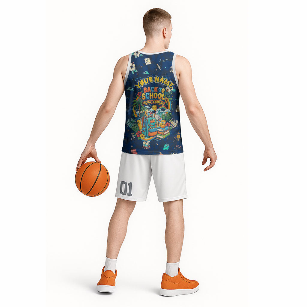Personalized Hawaii Back To School Aloha Learning Basketball Jersey Retro Rainbow open Notebook with Pineapple and Hibiscus Flowers TS04 - Polynesian Pride