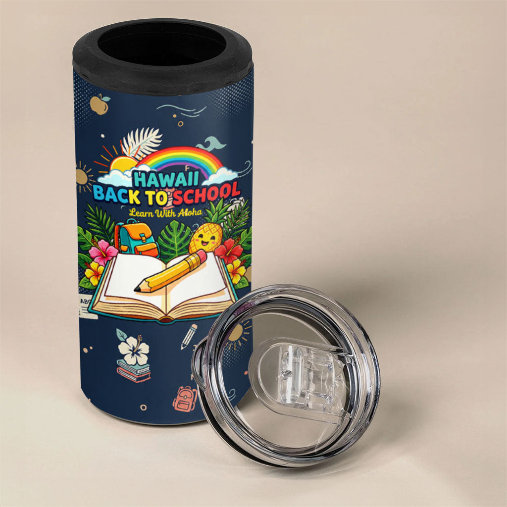 Personalized Hawaii Back To School Aloha Learning 4 in 1 Can Cooler Tumbler Retro Rainbow open Notebook with Pineapple and Hibiscus Flowers TS04 - Polynesian Pride