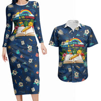 Personalized Hawaii Back To School Aloha Learning Couples Matching Long Sleeve Bodycon Dress and Hawaiian Shirt Retro Rainbow open Notebook with Pineapple and Hibiscus Flowers TS04 Blue - Polynesian Pride