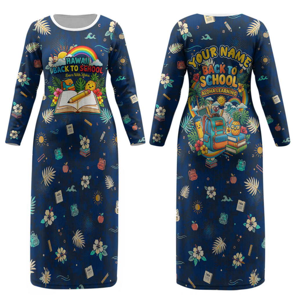 Personalized Hawaii Back To School Aloha Learning Couples Matching Long Sleeve Bodycon Dress and Hawaiian Shirt Retro Rainbow open Notebook with Pineapple and Hibiscus Flowers TS04 - Polynesian Pride