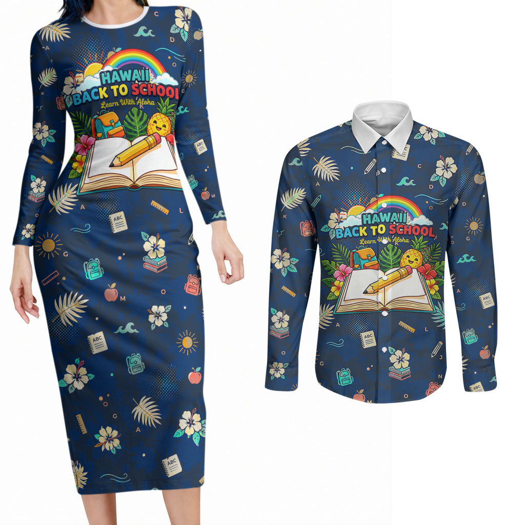 Personalized Hawaii Back To School Aloha Learning Couples Matching Long Sleeve Bodycon Dress and Long Sleeve Button Shirt Retro Rainbow open Notebook with Pineapple and Hibiscus Flowers TS04 Blue - Polynesian Pride