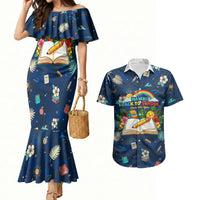 Personalized Hawaii Back To School Aloha Learning Couples Matching Mermaid Dress and Hawaiian Shirt Retro Rainbow open Notebook with Pineapple and Hibiscus Flowers TS04 Blue - Polynesian Pride
