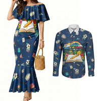 Personalized Hawaii Back To School Aloha Learning Couples Matching Mermaid Dress and Long Sleeve Button Shirt Retro Rainbow open Notebook with Pineapple and Hibiscus Flowers TS04 Blue - Polynesian Pride