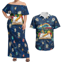 Personalized Hawaii Back To School Aloha Learning Couples Matching Off Shoulder Maxi Dress and Hawaiian Shirt Retro Rainbow open Notebook with Pineapple and Hibiscus Flowers TS04 Blue - Polynesian Pride