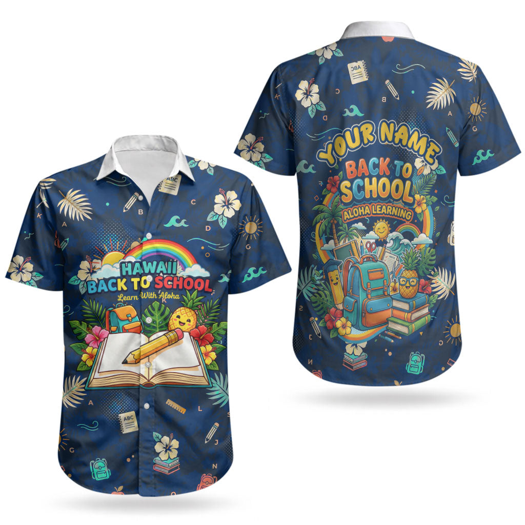 Personalized Hawaii Back To School Aloha Learning Couples Matching Off Shoulder Maxi Dress and Hawaiian Shirt Retro Rainbow open Notebook with Pineapple and Hibiscus Flowers TS04 - Polynesian Pride