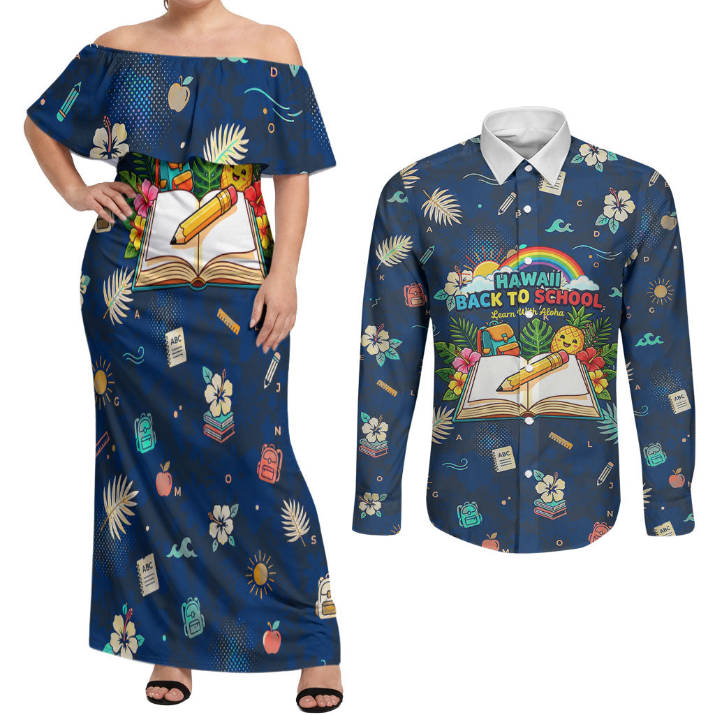 Personalized Hawaii Back To School Aloha Learning Couples Matching Off Shoulder Maxi Dress and Long Sleeve Button Shirt Retro Rainbow open Notebook with Pineapple and Hibiscus Flowers TS04 Blue - Polynesian Pride