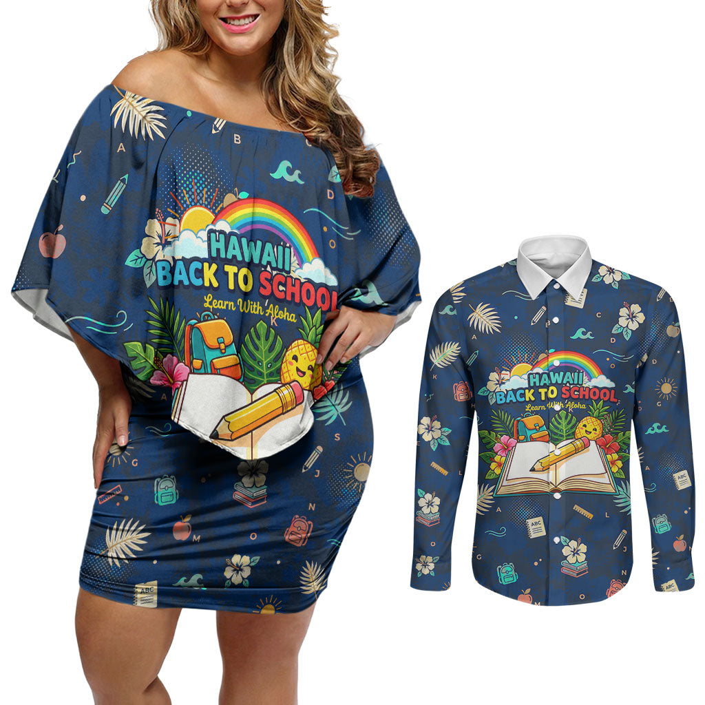 Personalized Hawaii Back To School Aloha Learning Couples Matching Off Shoulder Short Dress and Long Sleeve Button Shirt Retro Rainbow open Notebook with Pineapple and Hibiscus Flowers TS04 Blue - Polynesian Pride