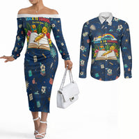 Personalized Hawaii Back To School Aloha Learning Couples Matching Off The Shoulder Long Sleeve Dress and Long Sleeve Button Shirt Retro Rainbow open Notebook with Pineapple and Hibiscus Flowers TS04 Blue - Polynesian Pride