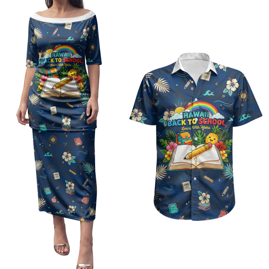 Personalized Hawaii Back To School Aloha Learning Couples Matching Puletasi and Hawaiian Shirt Retro Rainbow open Notebook with Pineapple and Hibiscus Flowers TS04 Blue - Polynesian Pride