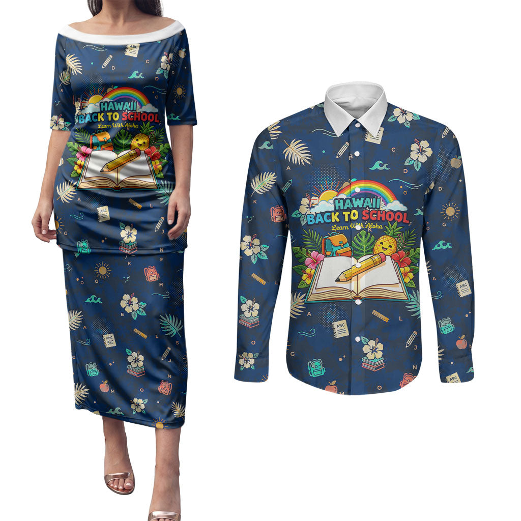 Personalized Hawaii Back To School Aloha Learning Couples Matching Puletasi and Long Sleeve Button Shirt Retro Rainbow open Notebook with Pineapple and Hibiscus Flowers TS04 Blue - Polynesian Pride