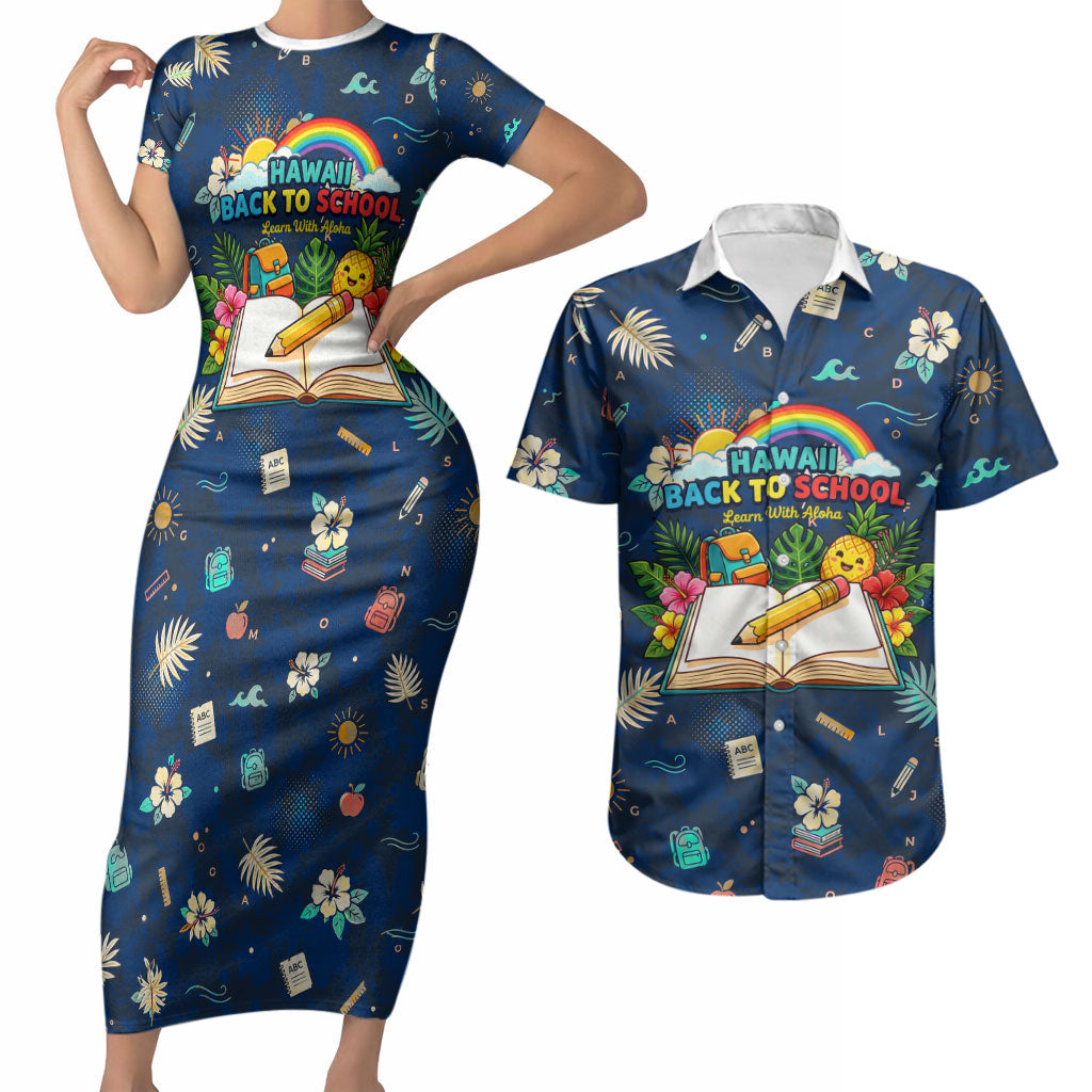 Personalized Hawaii Back To School Aloha Learning Couples Matching Short Sleeve Bodycon Dress and Hawaiian Shirt Retro Rainbow open Notebook with Pineapple and Hibiscus Flowers TS04 Blue - Polynesian Pride