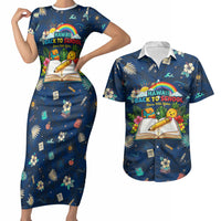 Personalized Hawaii Back To School Aloha Learning Couples Matching Short Sleeve Bodycon Dress and Hawaiian Shirt Retro Rainbow open Notebook with Pineapple and Hibiscus Flowers TS04 Blue - Polynesian Pride