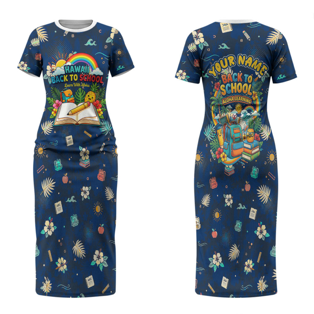 Personalized Hawaii Back To School Aloha Learning Couples Matching Short Sleeve Bodycon Dress and Hawaiian Shirt Retro Rainbow open Notebook with Pineapple and Hibiscus Flowers TS04 - Polynesian Pride