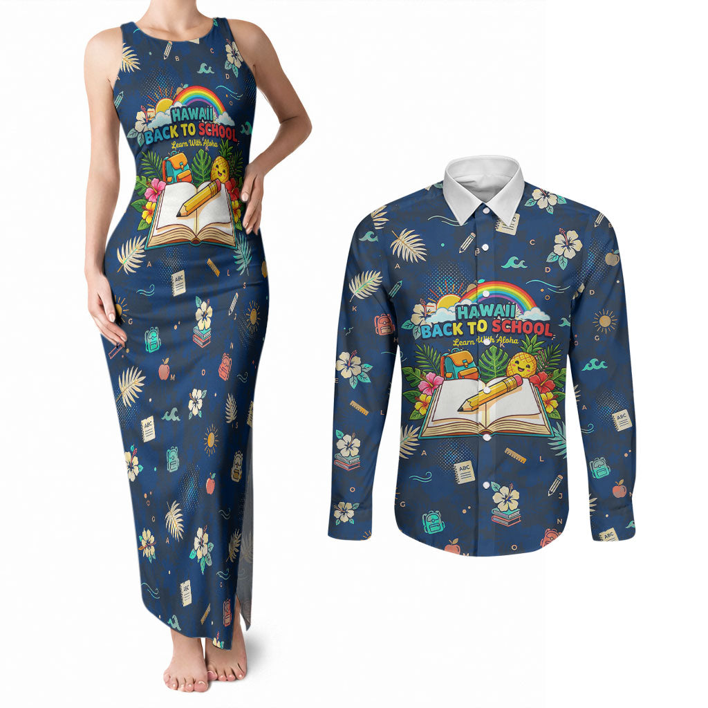 Personalized Hawaii Back To School Aloha Learning Couples Matching Tank Maxi Dress and Long Sleeve Button Shirt Retro Rainbow open Notebook with Pineapple and Hibiscus Flowers TS04 Blue - Polynesian Pride