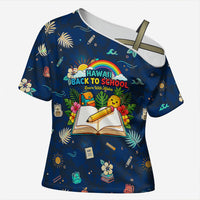 Personalized Hawaii Back To School Aloha Learning Cross Shoulder Shirt Retro Rainbow open Notebook with Pineapple and Hibiscus Flowers TS04 Female Blue - Polynesian Pride