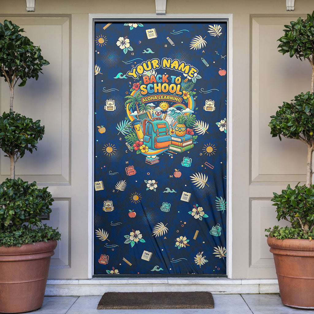 Personalized Hawaii Back To School Aloha Learning Door Cover Retro Rainbow open Notebook with Pineapple and Hibiscus Flowers TS04 Blue - Polynesian Pride