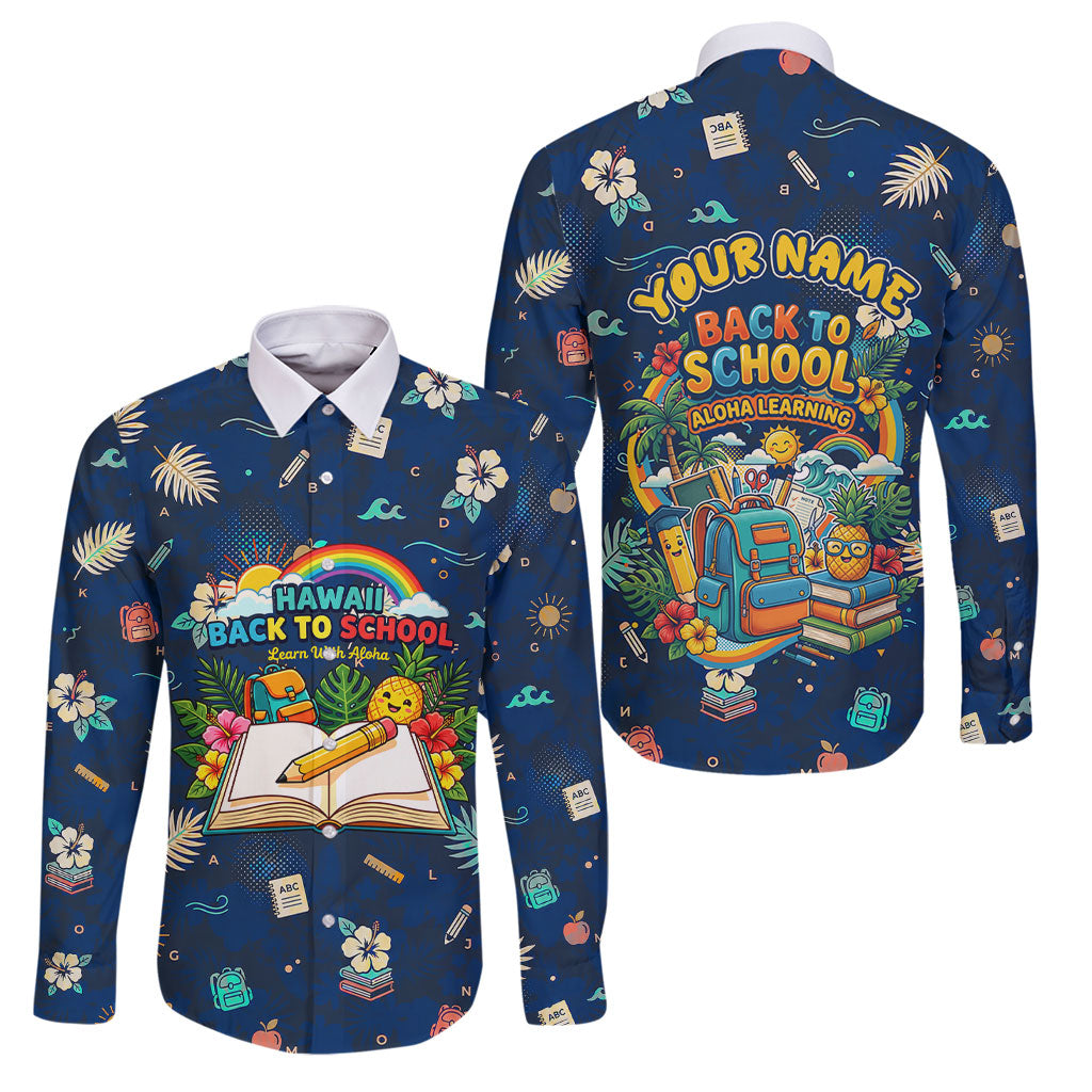 Personalized Hawaii Back To School Aloha Learning Family Matching Off The Shoulder Long Sleeve Dress and Hawaiian Shirt Retro Rainbow open Notebook with Pineapple and Hibiscus Flowers TS04 Dad's Shirt - Long Sleeve Blue - Polynesian Pride