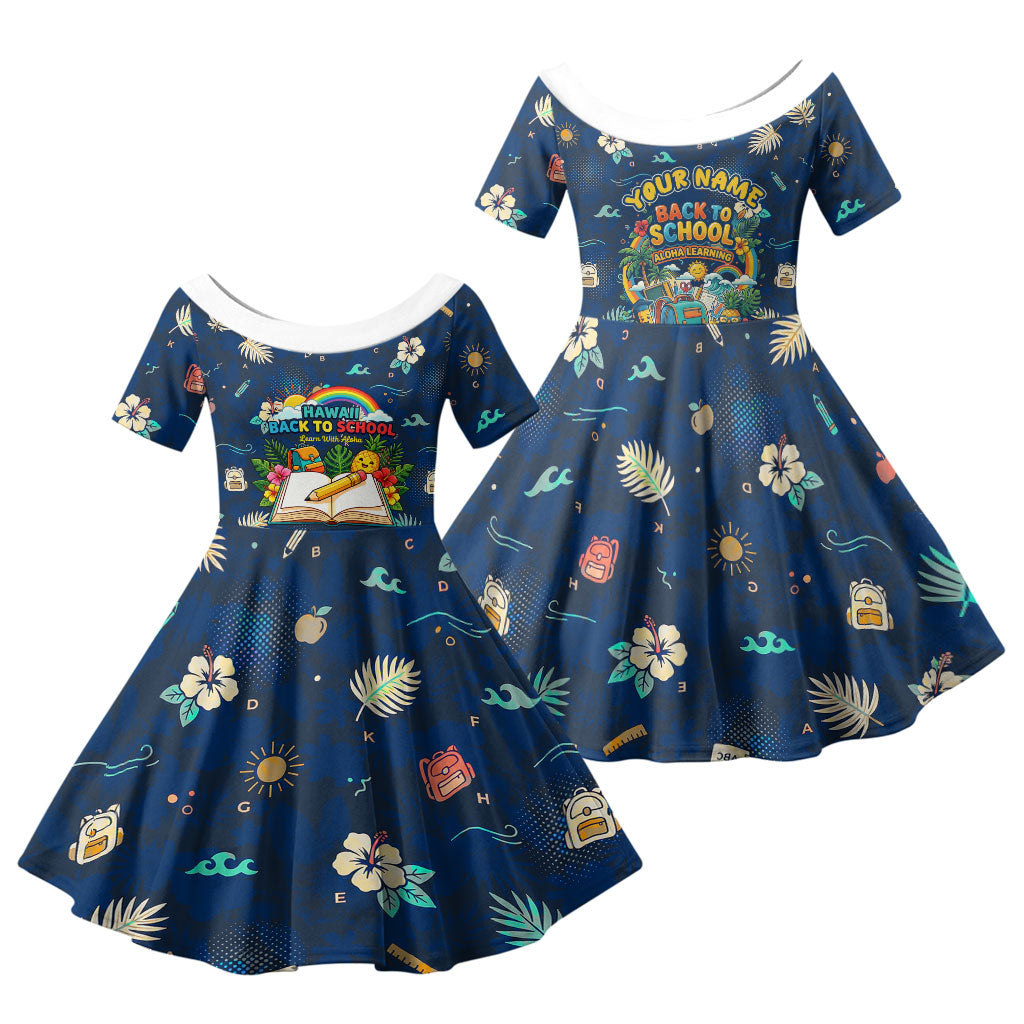 Personalized Hawaii Back To School Aloha Learning Family Matching Off The Shoulder Long Sleeve Dress and Hawaiian Shirt Retro Rainbow open Notebook with Pineapple and Hibiscus Flowers TS04 Daughter's Dress Blue - Polynesian Pride