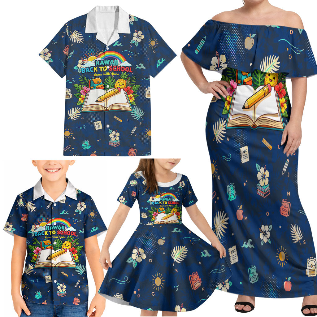 Personalized Hawaii Back To School Aloha Learning Family Matching Off Shoulder Maxi Dress and Hawaiian Shirt Retro Rainbow open Notebook with Pineapple and Hibiscus Flowers TS04 - Polynesian Pride