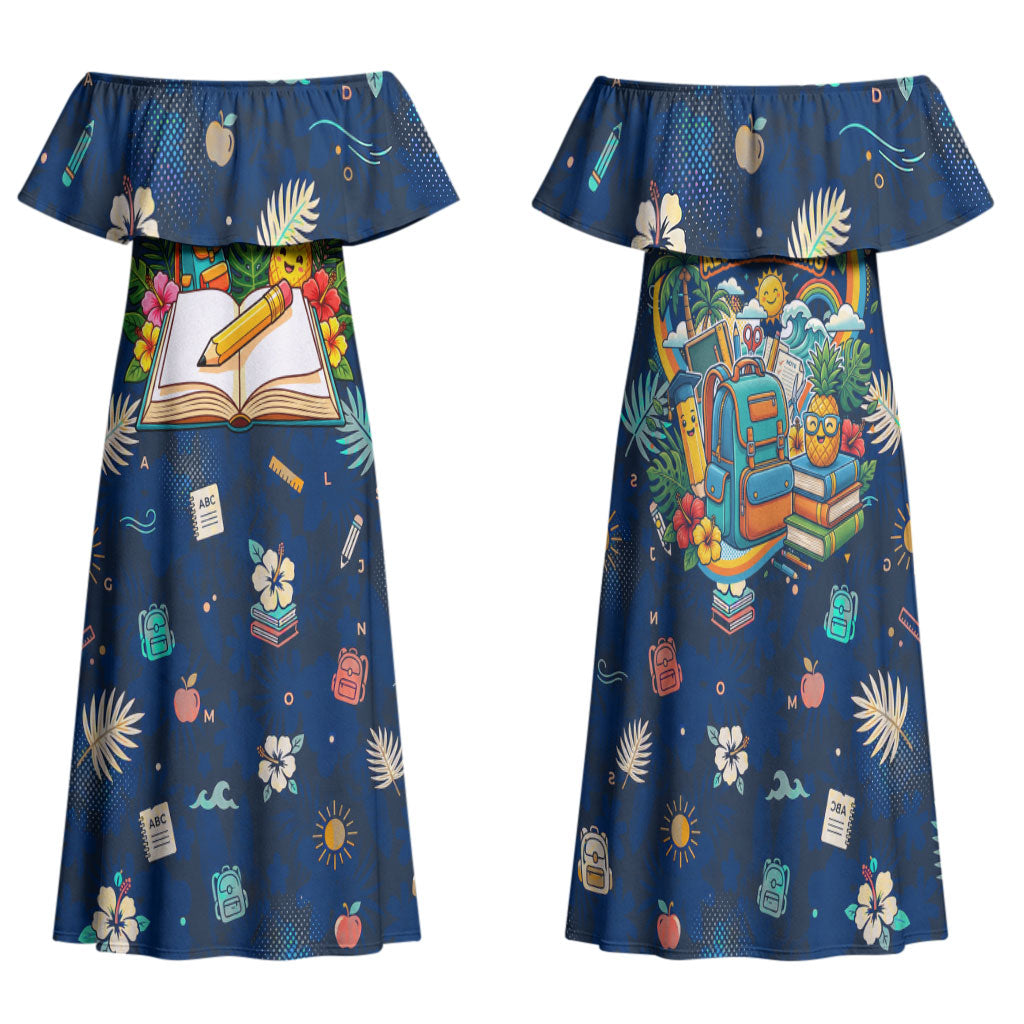 Personalized Hawaii Back To School Aloha Learning Family Matching Off Shoulder Maxi Dress and Hawaiian Shirt Retro Rainbow open Notebook with Pineapple and Hibiscus Flowers TS04 Mom's Dress Blue - Polynesian Pride