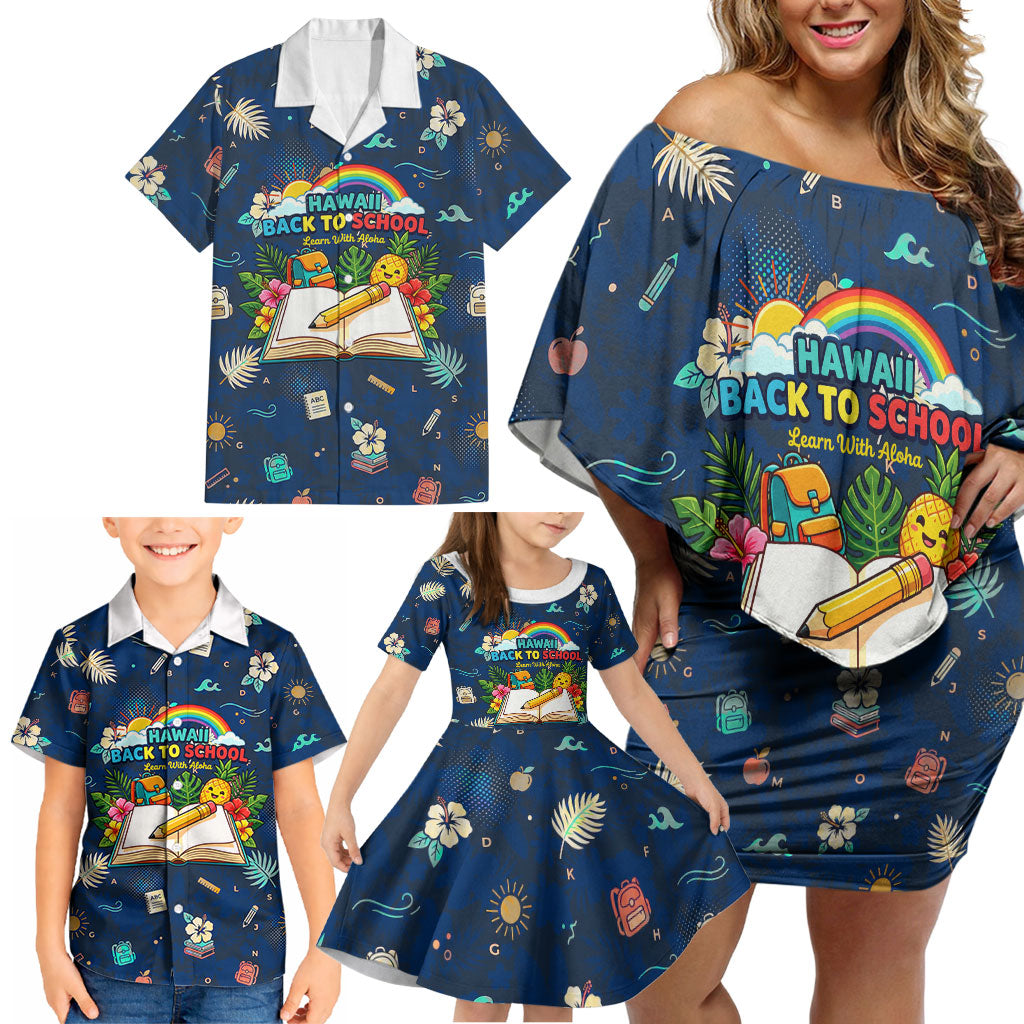 Personalized Hawaii Back To School Aloha Learning Family Matching Off Shoulder Short Dress and Hawaiian Shirt Retro Rainbow open Notebook with Pineapple and Hibiscus Flowers TS04 - Polynesian Pride