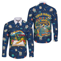 Personalized Hawaii Back To School Aloha Learning Family Matching Puletasi and Hawaiian Shirt Retro Rainbow open Notebook with Pineapple and Hibiscus Flowers TS04 Dad's Shirt - Long Sleeve Blue - Polynesian Pride