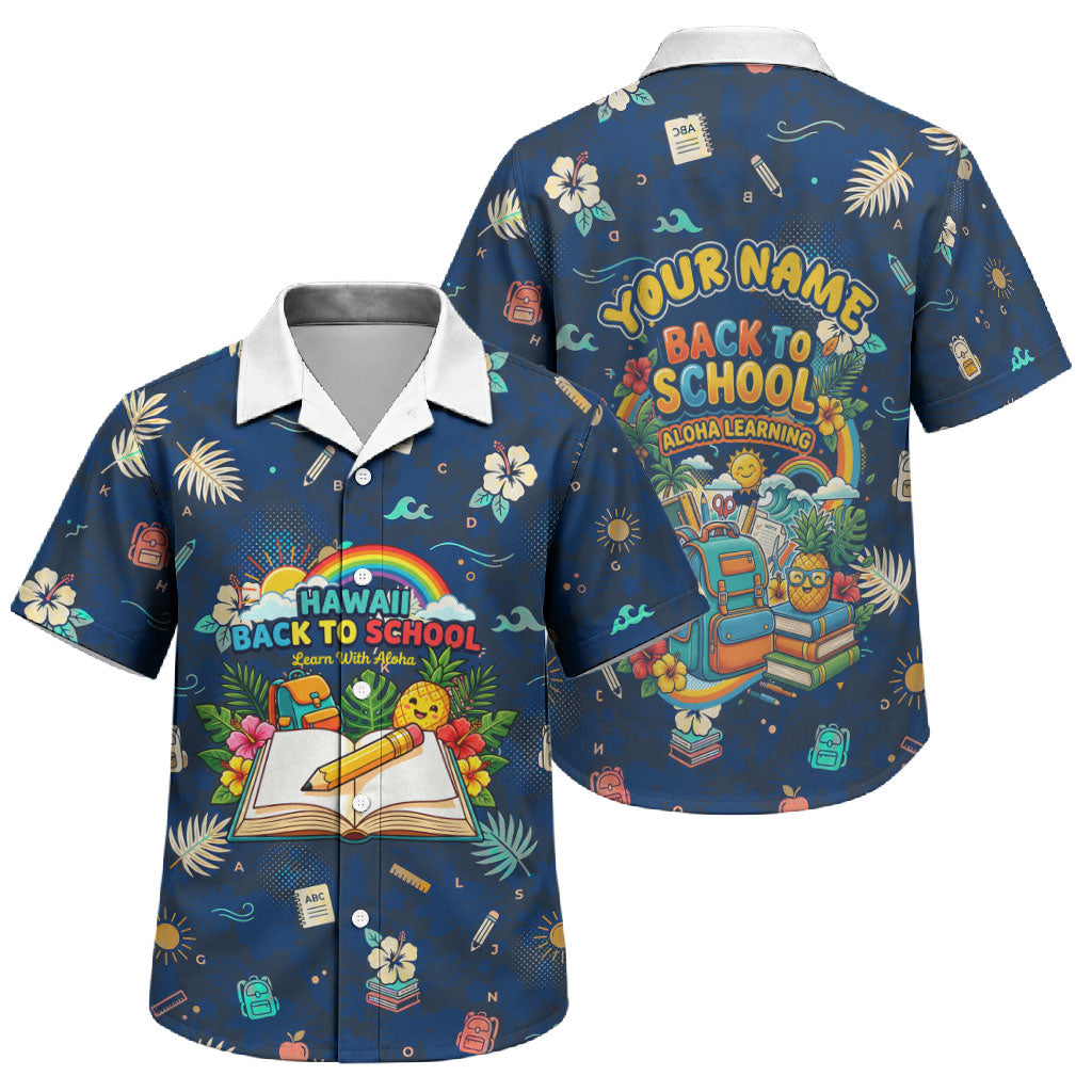 Personalized Hawaii Back To School Aloha Learning Family Matching Puletasi and Hawaiian Shirt Retro Rainbow open Notebook with Pineapple and Hibiscus Flowers TS04 Son's Shirt Blue - Polynesian Pride