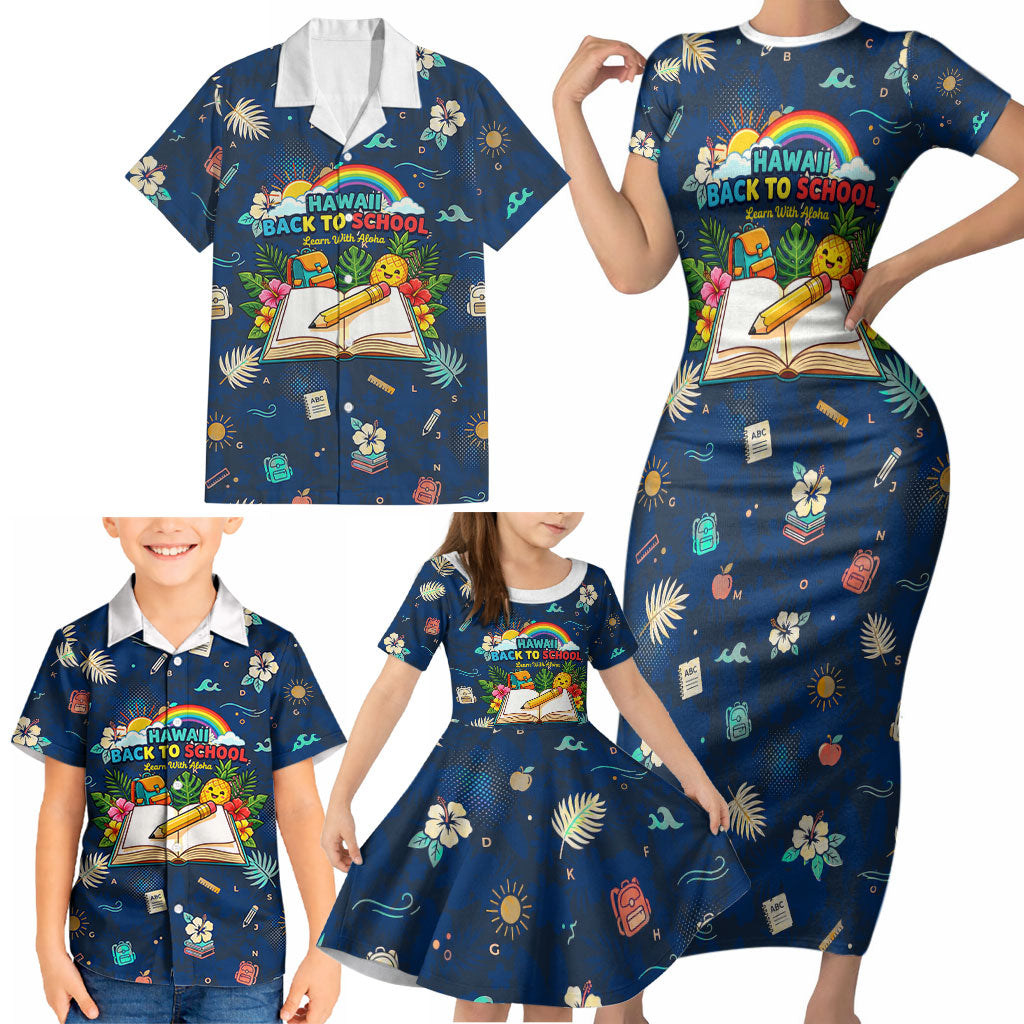 Personalized Hawaii Back To School Aloha Learning Family Matching Short Sleeve Bodycon Dress and Hawaiian Shirt Retro Rainbow open Notebook with Pineapple and Hibiscus Flowers TS04 - Polynesian Pride