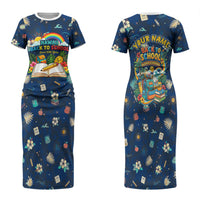 Personalized Hawaii Back To School Aloha Learning Family Matching Short Sleeve Bodycon Dress and Hawaiian Shirt Retro Rainbow open Notebook with Pineapple and Hibiscus Flowers TS04 Mom's Dress Blue - Polynesian Pride