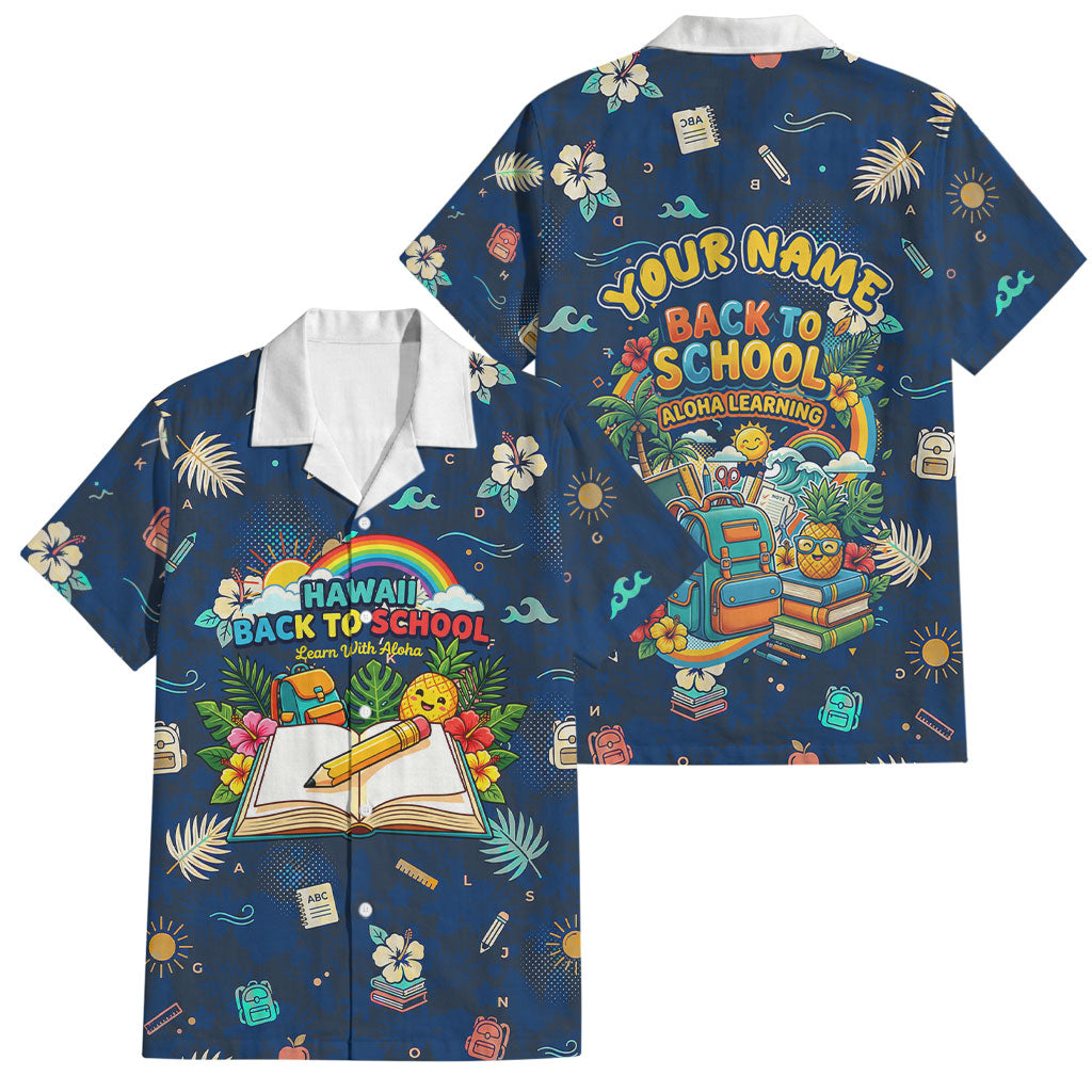 Personalized Hawaii Back To School Aloha Learning Family Matching Short Sleeve Bodycon Dress and Hawaiian Shirt Retro Rainbow open Notebook with Pineapple and Hibiscus Flowers TS04 Dad's Shirt - Short Sleeve Blue - Polynesian Pride
