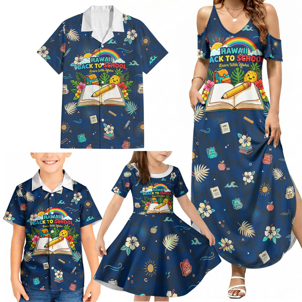 Personalized Hawaii Back To School Aloha Learning Family Matching Summer Maxi Dress and Hawaiian Shirt Retro Rainbow open Notebook with Pineapple and Hibiscus Flowers TS04 - Polynesian Pride