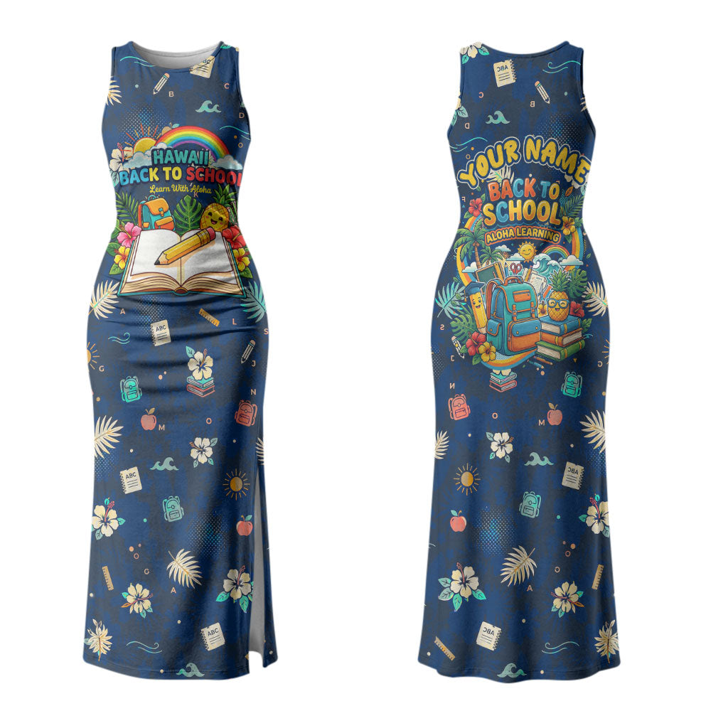 Personalized Hawaii Back To School Aloha Learning Family Matching Tank Maxi Dress and Hawaiian Shirt Retro Rainbow open Notebook with Pineapple and Hibiscus Flowers TS04 Mom's Dress Blue - Polynesian Pride