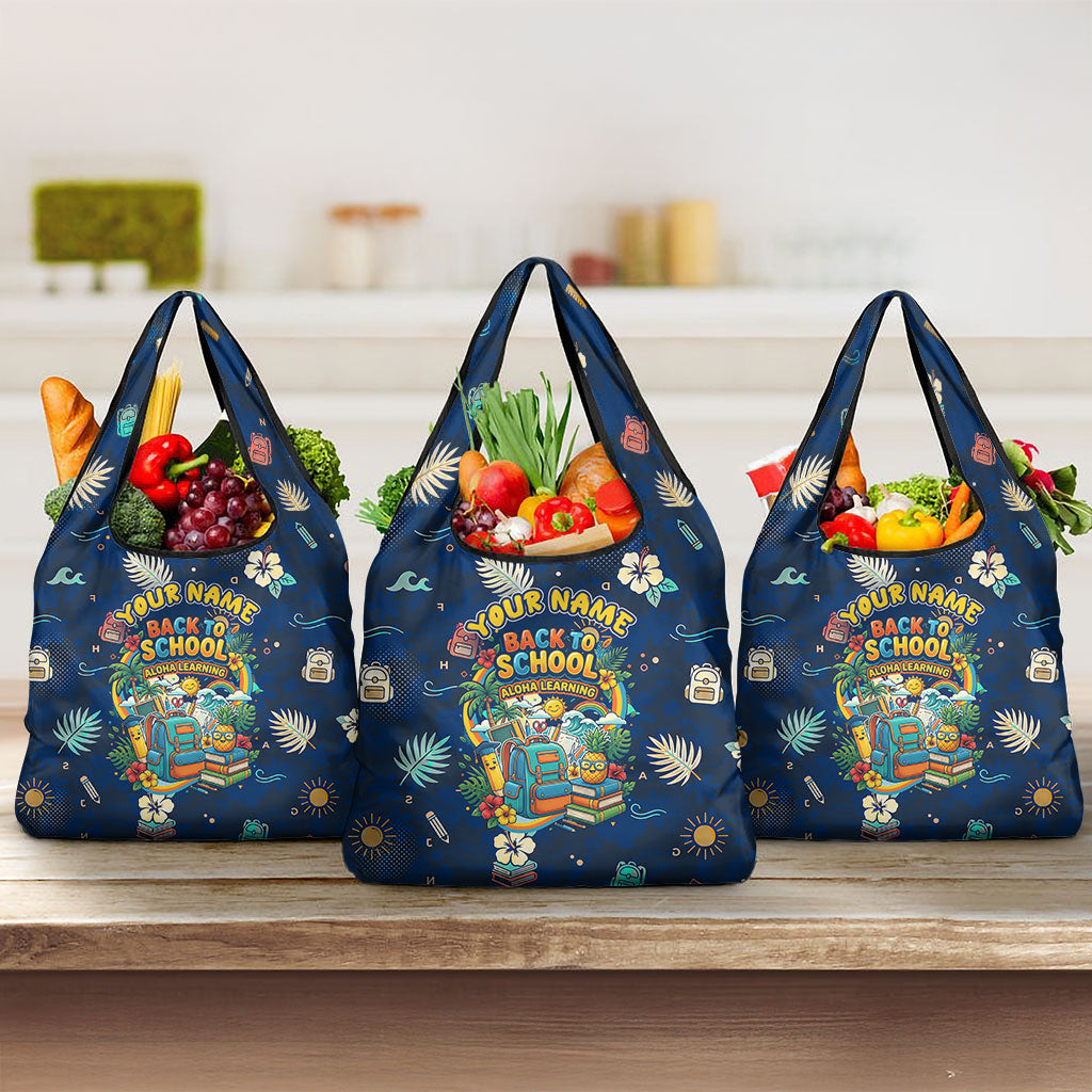 Personalized Hawaii Back To School Aloha Learning Grocery Bag Retro Rainbow open Notebook with Pineapple and Hibiscus Flowers TS04 3-pack One Size Blue - Polynesian Pride