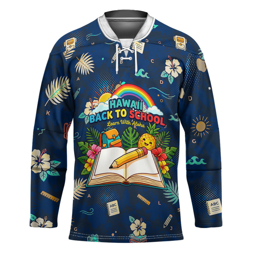 Personalized Hawaii Back To School Aloha Learning Hockey Jersey Retro Rainbow open Notebook with Pineapple and Hibiscus Flowers TS04 Unisex Blue - Polynesian Pride