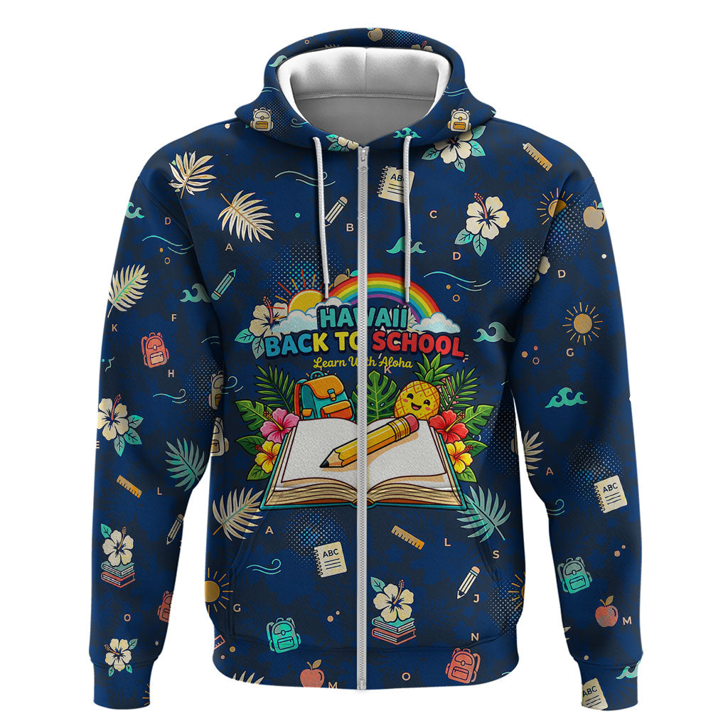 Personalized Hawaii Back To School Aloha Learning Hoodie Retro Rainbow open Notebook with Pineapple and Hibiscus Flowers TS04 Zip Hoodie Blue - Polynesian Pride