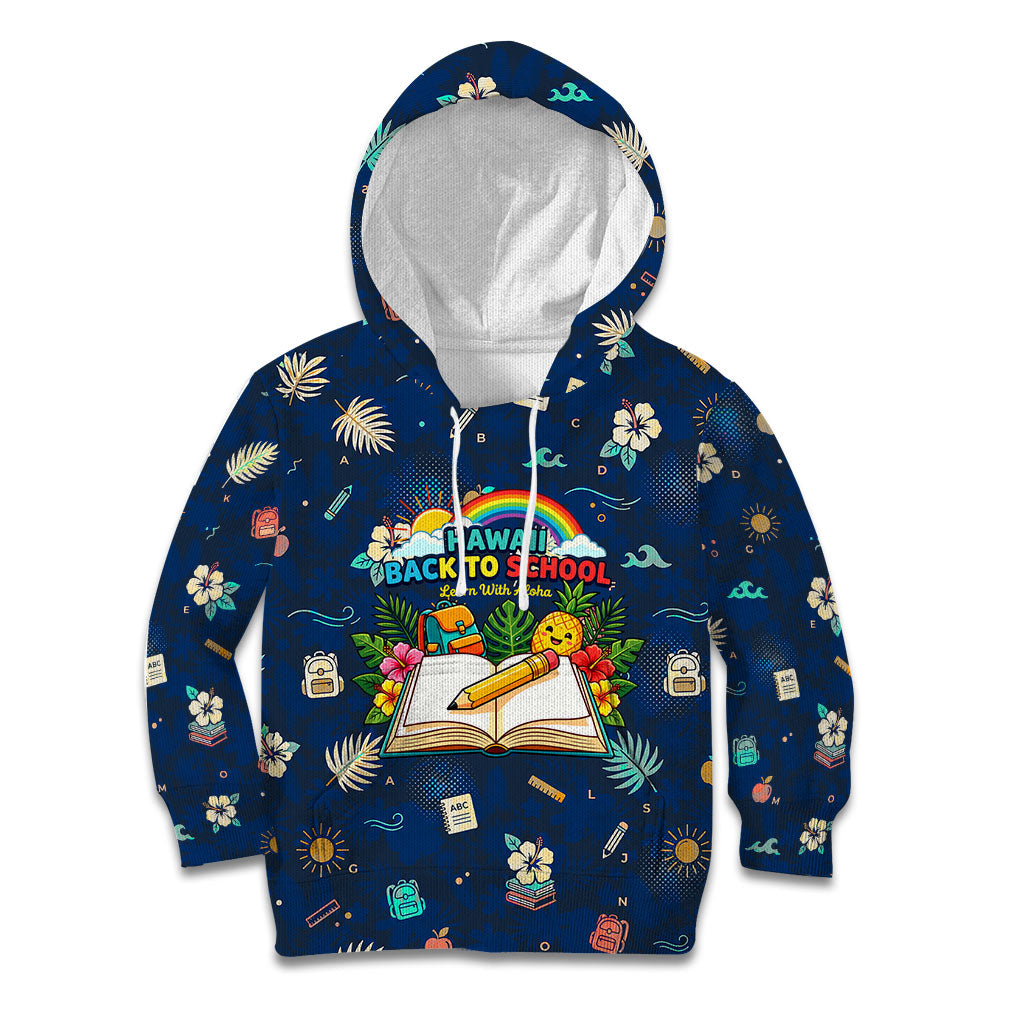 Personalized Hawaii Back To School Aloha Learning Kid Hoodie Retro Rainbow open Notebook with Pineapple and Hibiscus Flowers TS04 Hoodie Blue - Polynesian Pride