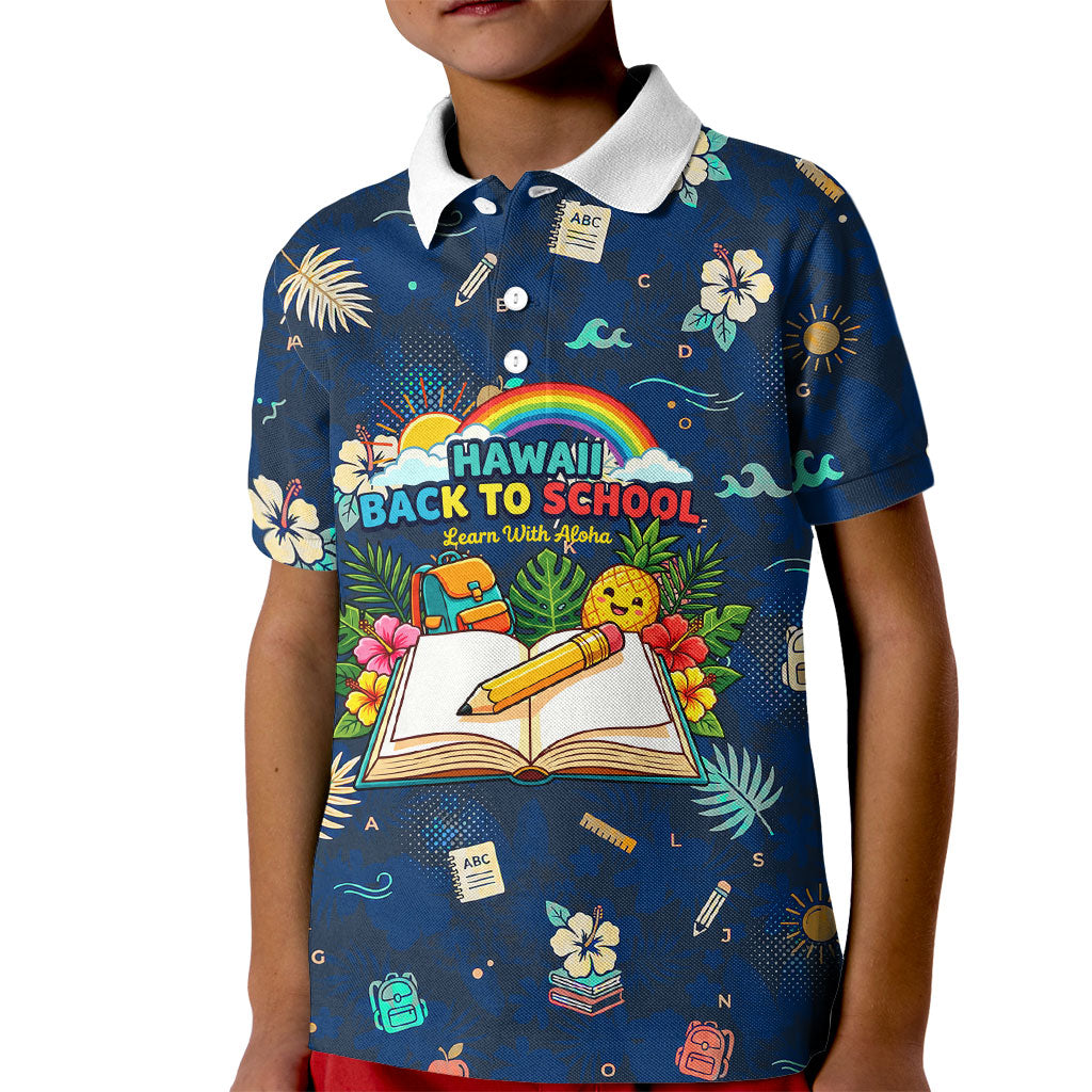 Personalized Hawaii Back To School Aloha Learning Kid Polo Shirt Retro Rainbow open Notebook with Pineapple and Hibiscus Flowers TS04 Kid Blue - Polynesian Pride