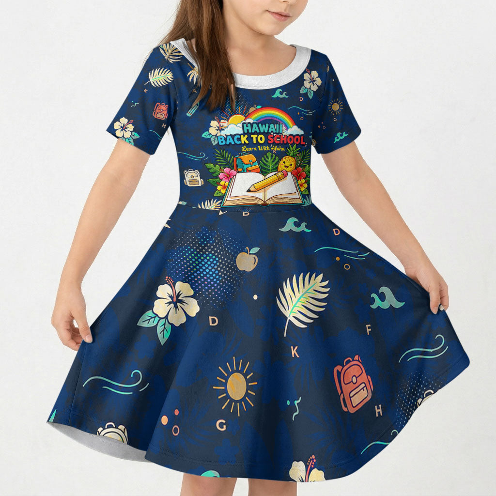 Personalized Hawaii Back To School Aloha Learning Kid Short Sleeve Dress Retro Rainbow open Notebook with Pineapple and Hibiscus Flowers TS04 KID Blue - Polynesian Pride