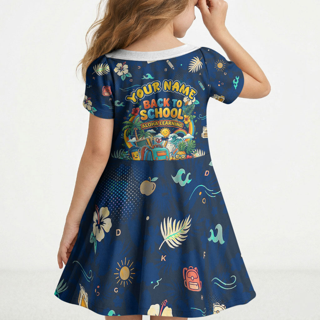 Personalized Hawaii Back To School Aloha Learning Kid Short Sleeve Dress Retro Rainbow open Notebook with Pineapple and Hibiscus Flowers TS04 - Polynesian Pride