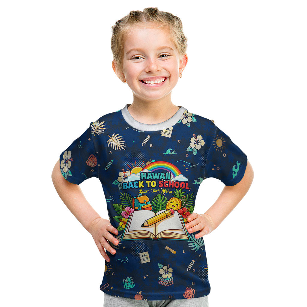 Personalized Hawaii Back To School Aloha Learning Kid T Shirt Retro Rainbow open Notebook with Pineapple and Hibiscus Flowers TS04 Blue - Polynesian Pride