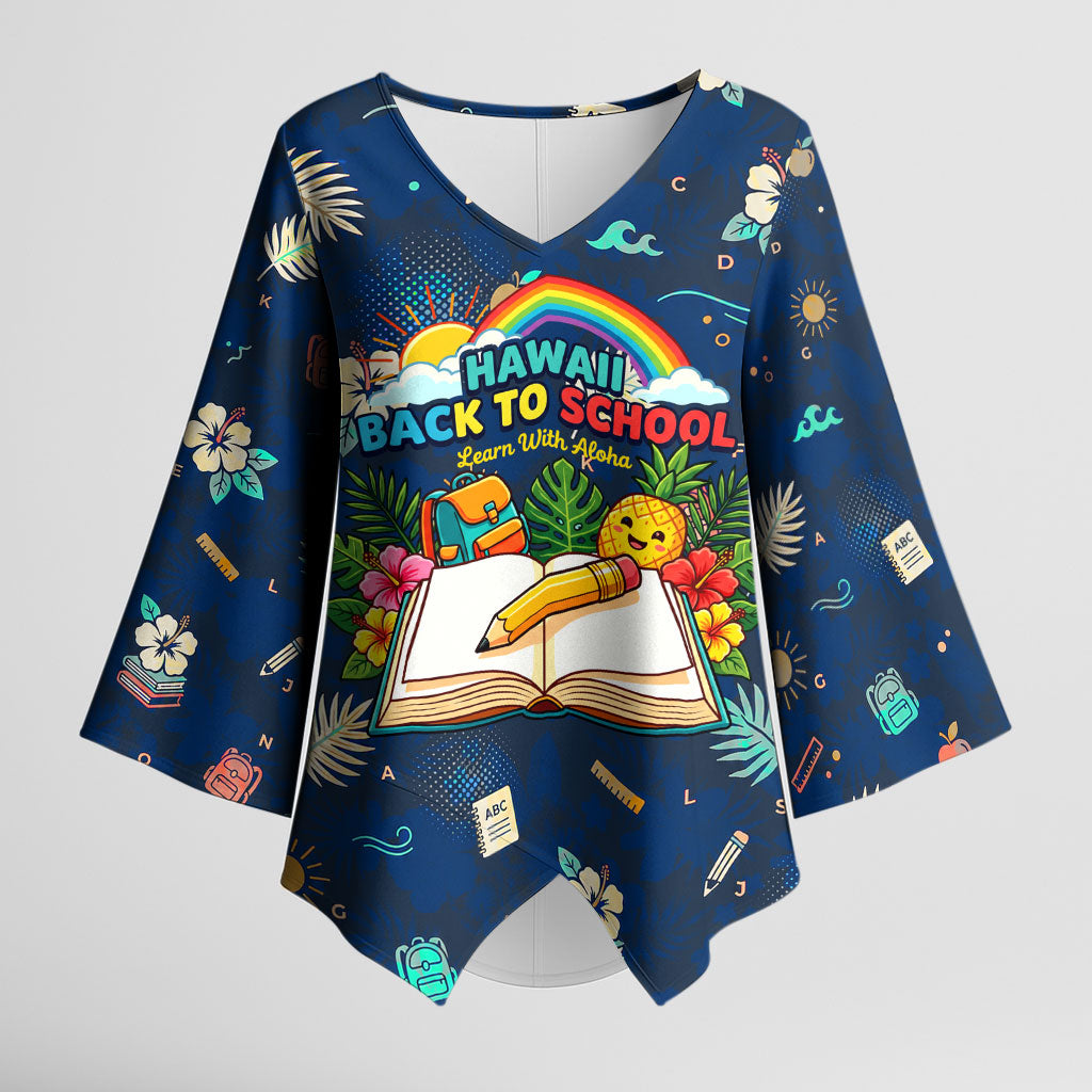 Personalized Hawaii Back To School Aloha Learning Kimono Sleeve Blouse Retro Rainbow open Notebook with Pineapple and Hibiscus Flowers TS04 Female Blue - Polynesian Pride